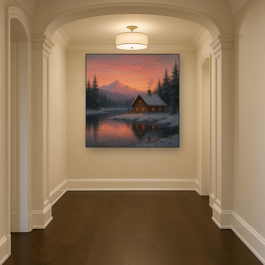 Winter Solstice Mountain Cabin Reflection Oil Painting - View 5