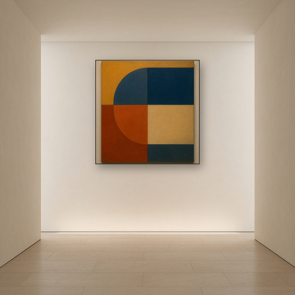 Bauhaus Quadrant Harmony in Primary Earth Tones No. 20 Oil Painting Staged in Bright Entryway and Hallway Gallery Wall, Hand Painted Fine Art on Linen