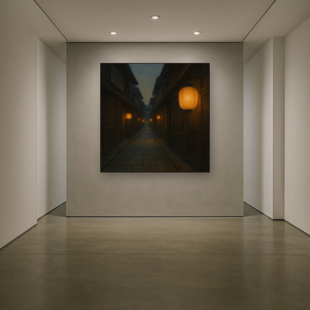 Old Kyoto Gion Alley in Soft Lantern Light No. 3 Oil Painting Staged in Bright Entryway and Hallway Gallery Wall, Hand Painted Fine Art on Linen