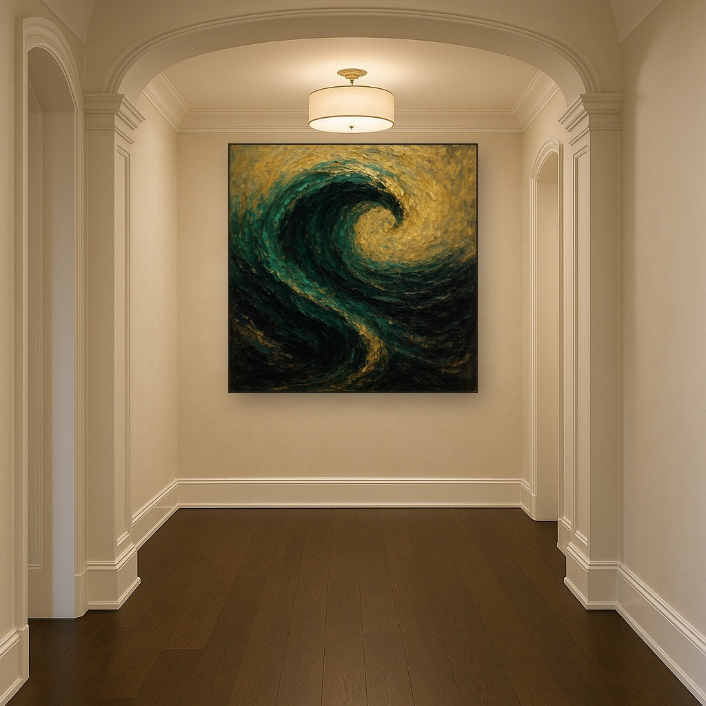 Deep Emerald & Obsidian Swell No. 3 Oil Painting - Styled in Entryway Hallway