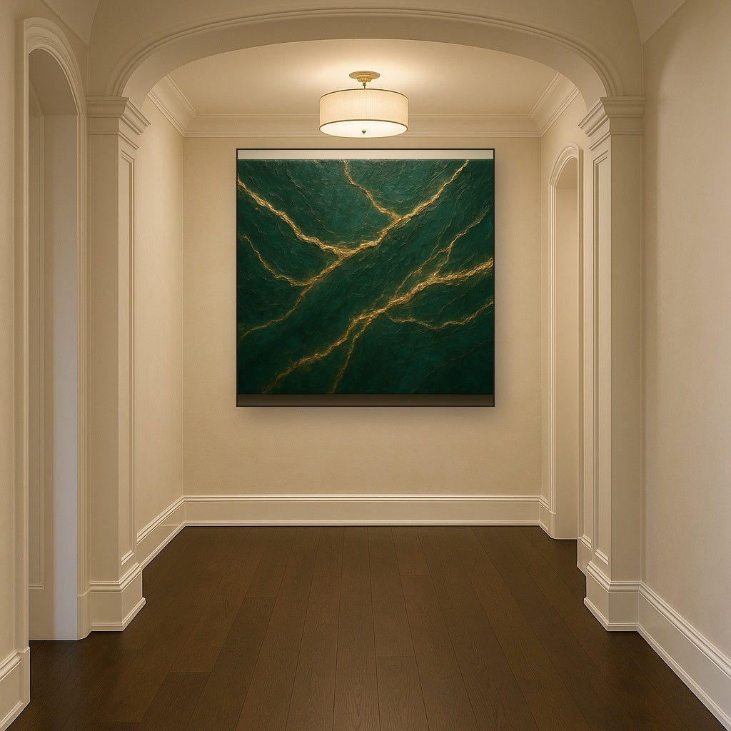 Emerald Veins & Liquid Gold Luxury Oil Painting - Styled in Entryway Hallway