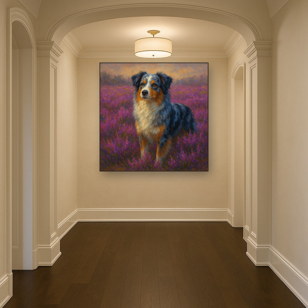 Australian Shepherd in Blooming Heather Field Fine Art Oil Painting - View 5