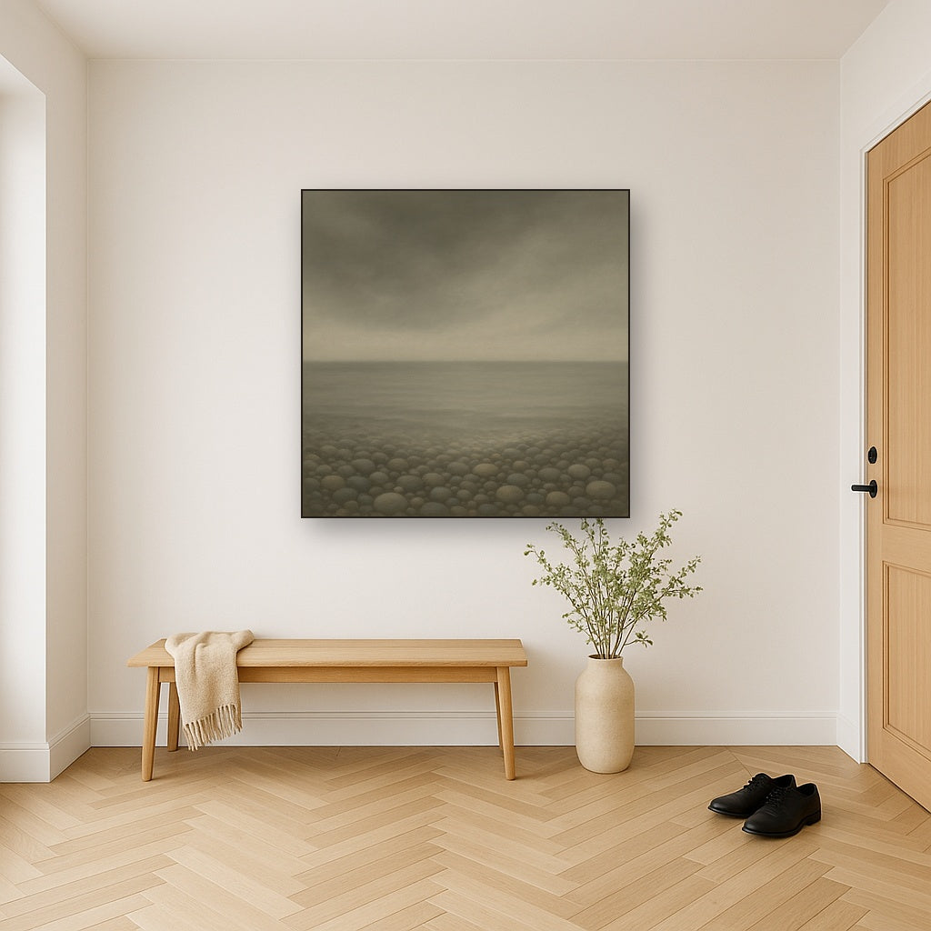 Overcast Coastal Fog & Wet Pebble Shingle No. 12 Oil Painting Staged in Bright Entryway and Hallway Gallery Wall, Hand Painted Fine Art on Linen