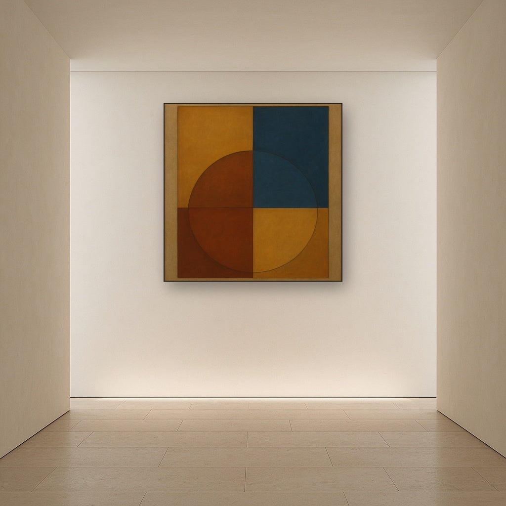 Bauhaus Quadrant Harmony in Primary Earth Tones No. 19 Oil Painting Staged in Bright Entryway and Hallway Gallery Wall, Hand Painted Fine Art on Linen