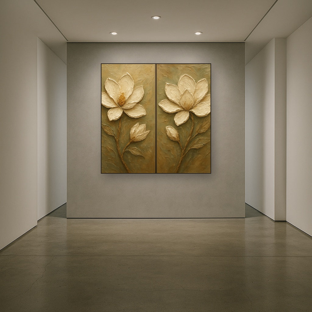 Sculptural Magnolia Diptych Blooms Oil Painting - Styled in Entryway Hallway