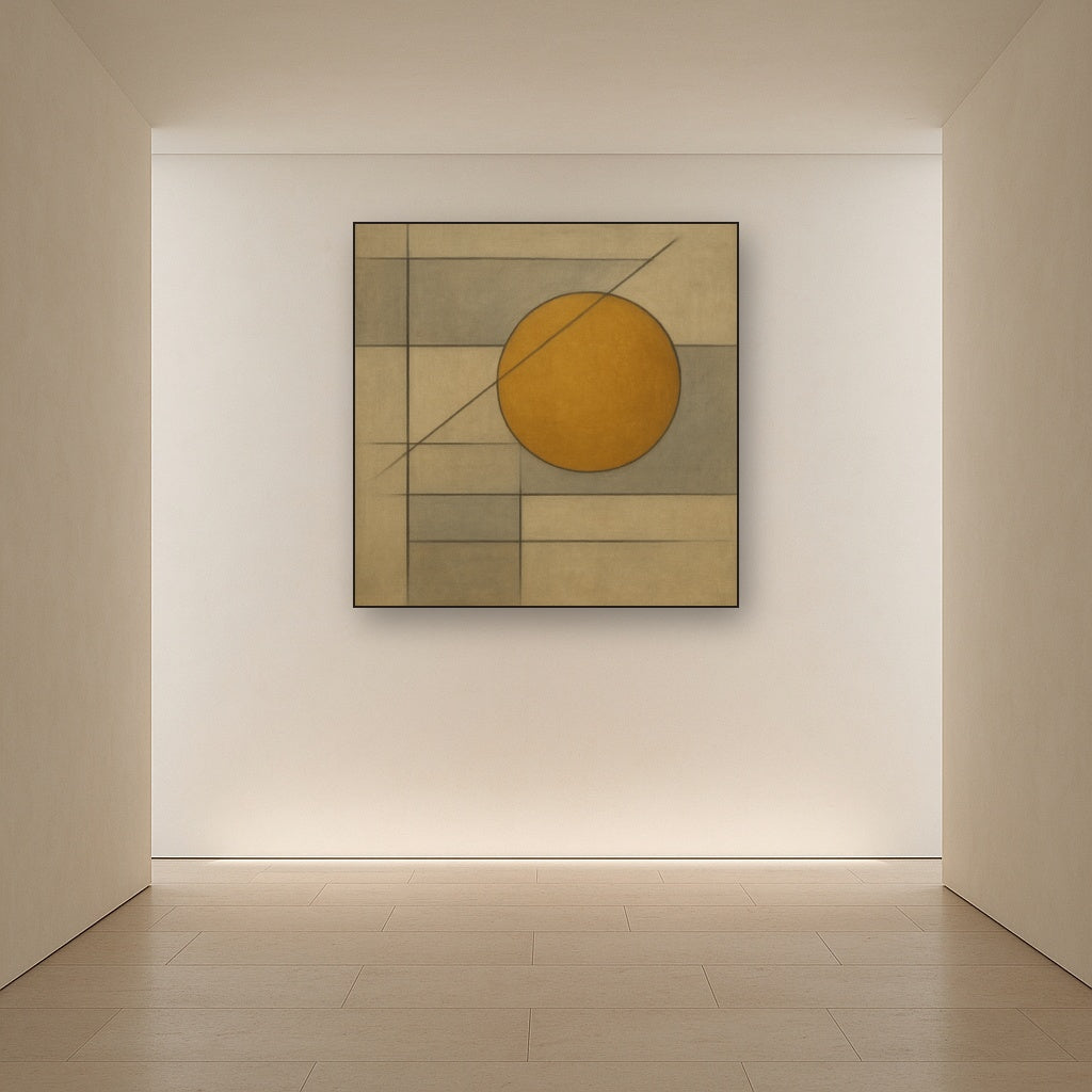 Abstract Tangent Lines & Earthy Ochre Disc No. 15 Oil Painting Staged in Bright Entryway and Hallway Gallery Wall, Hand Painted Fine Art on Linen