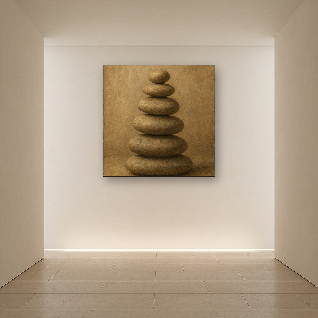 Stacked River Cairn Wabi-Sabi Oil Painting - Styled in Entryway Hallway