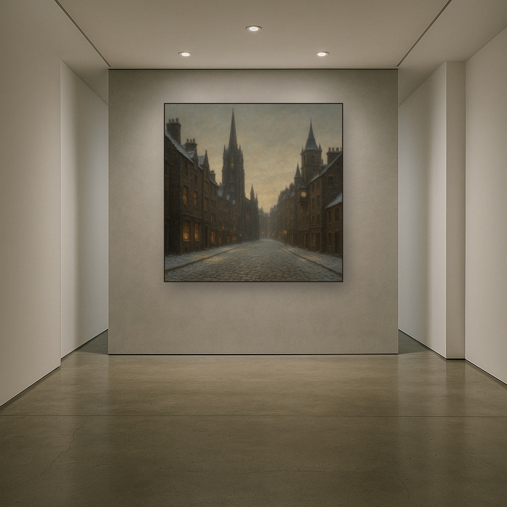 Edinburgh Old Town Royal Mile in Snow No. 26 Oil Painting Staged in Bright Entryway and Hallway Gallery Wall, Hand Painted Fine Art on Linen