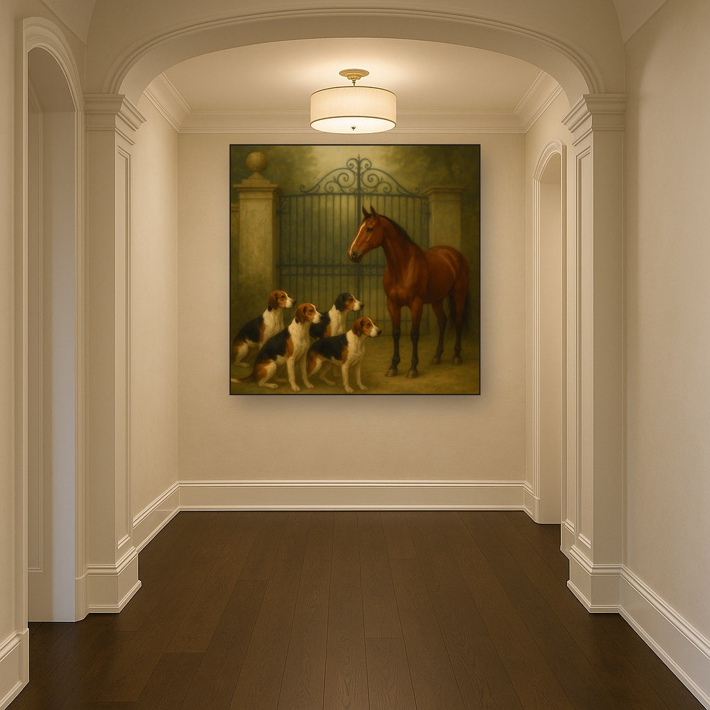 Hunting Hounds & Thoroughbred by Estate Gate No. 11 Oil Painting Staged in Bright Entryway and Hallway Gallery Wall, Hand Painted Fine Art on Linen