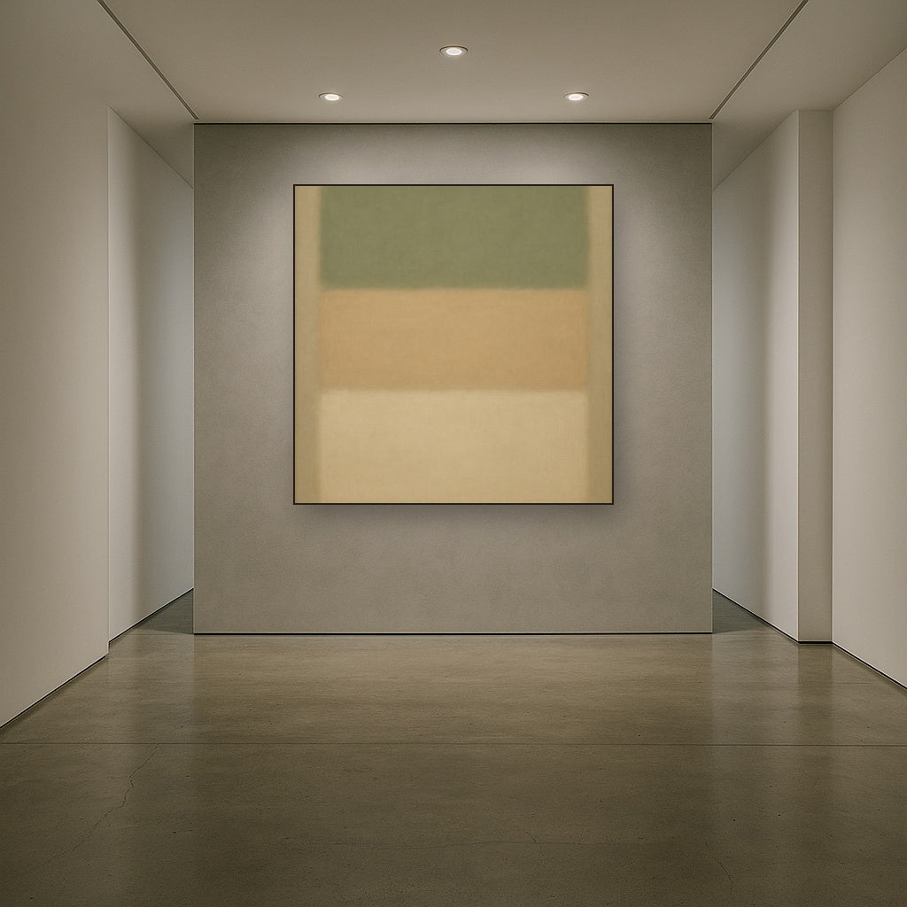 Sage Olive & Pale Sandstone Minimalist Harmony No. 21 Oil Painting Staged in Bright Entryway and Hallway Gallery Wall, Hand Painted Fine Art on Linen