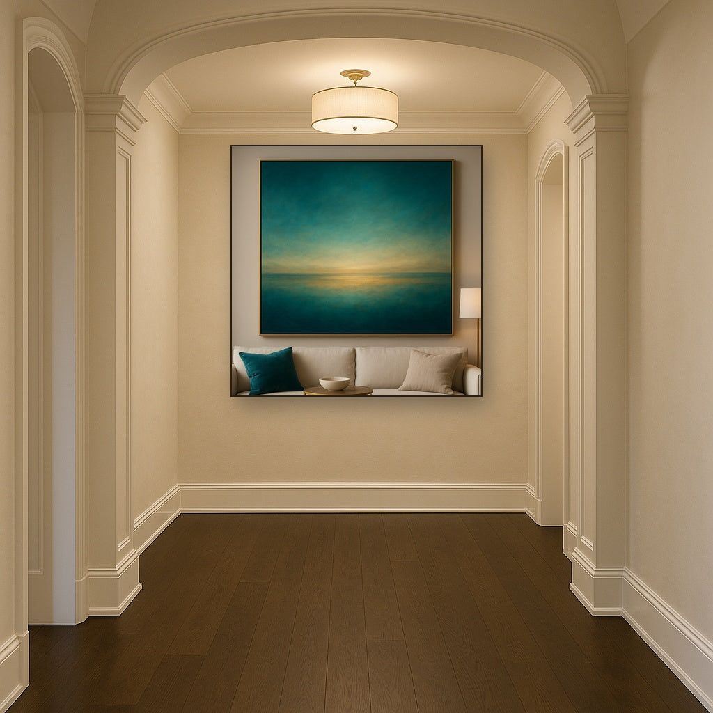 Peacock Teal & Champagne Gold Horizon No. 18 Oil Painting Staged in Bright Entryway and Hallway Gallery Wall, Hand Painted Fine Art on Linen