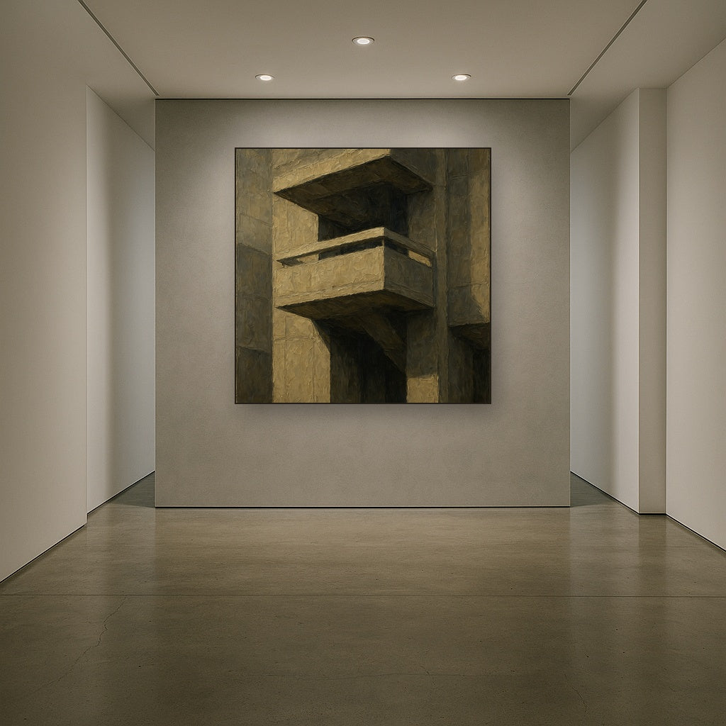 Brutalist Cantilevered Balcony Study No. 4 Oil Painting - Styled in Entryway Hallway