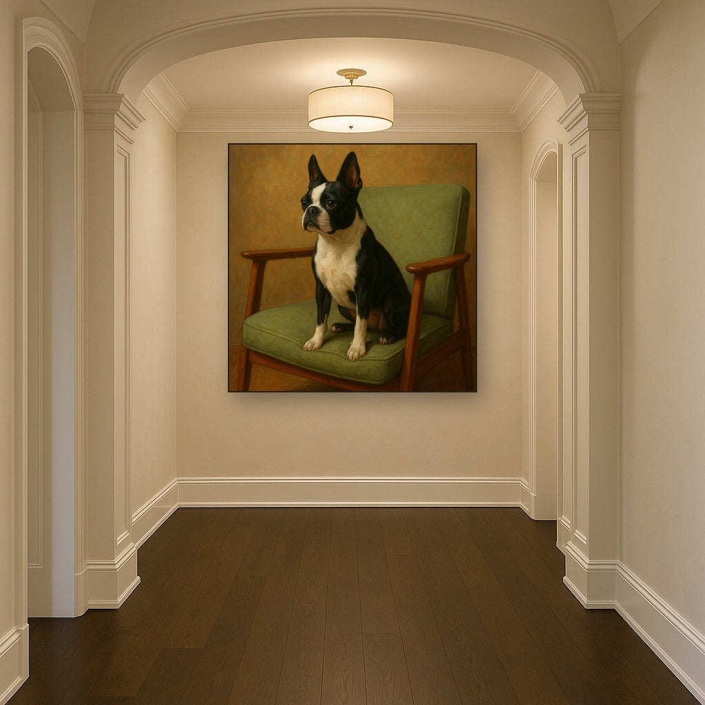 Boston Terrier in Warm Mid-Century Armchair No. 3 Fine Art Oil Painting - View 5