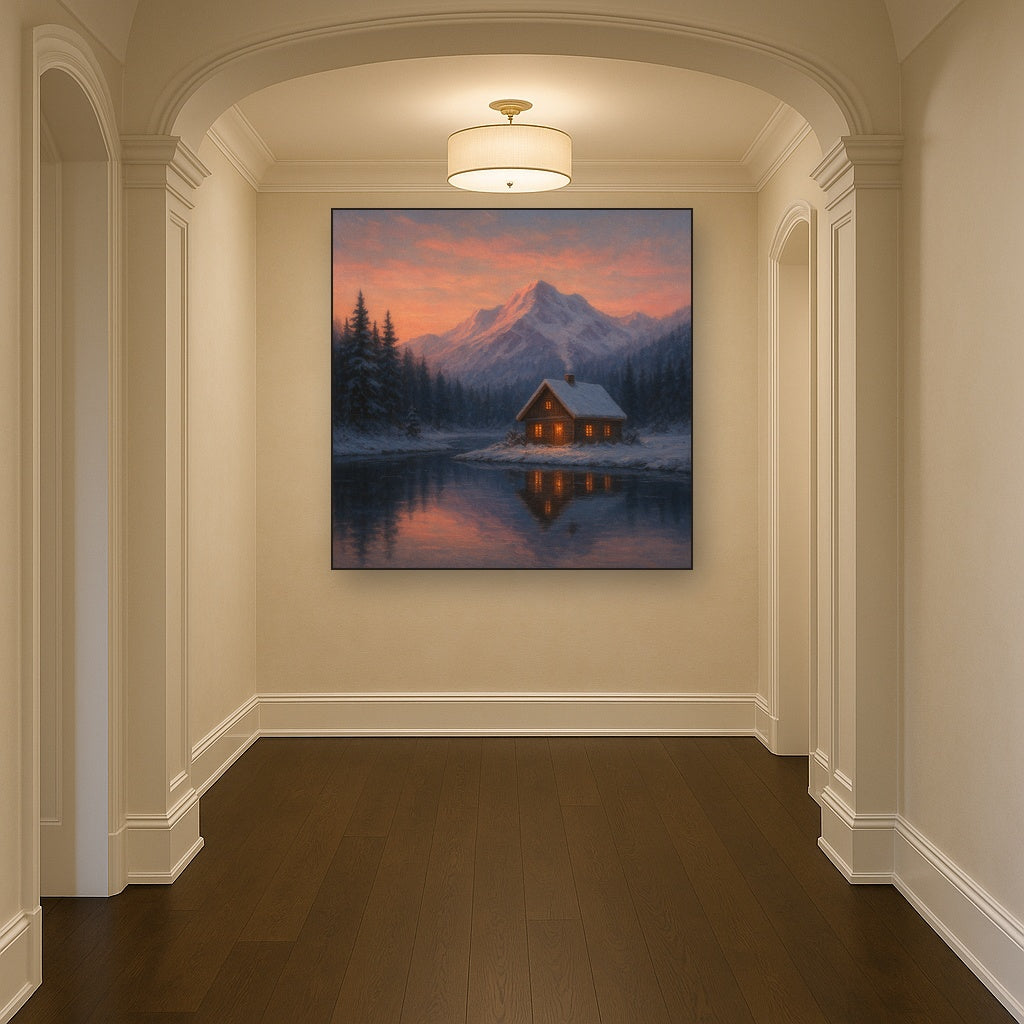 Winter Solstice Mountain Cabin Reflection No. 9 Oil Painting - View 5