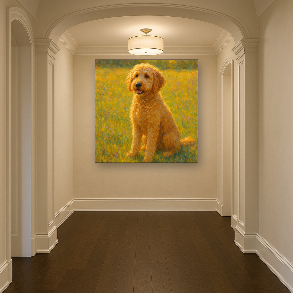 Fluffy Goldendoodle in Sun-Drenched Meadow No. 11 Fine Art Oil Painting - View 5