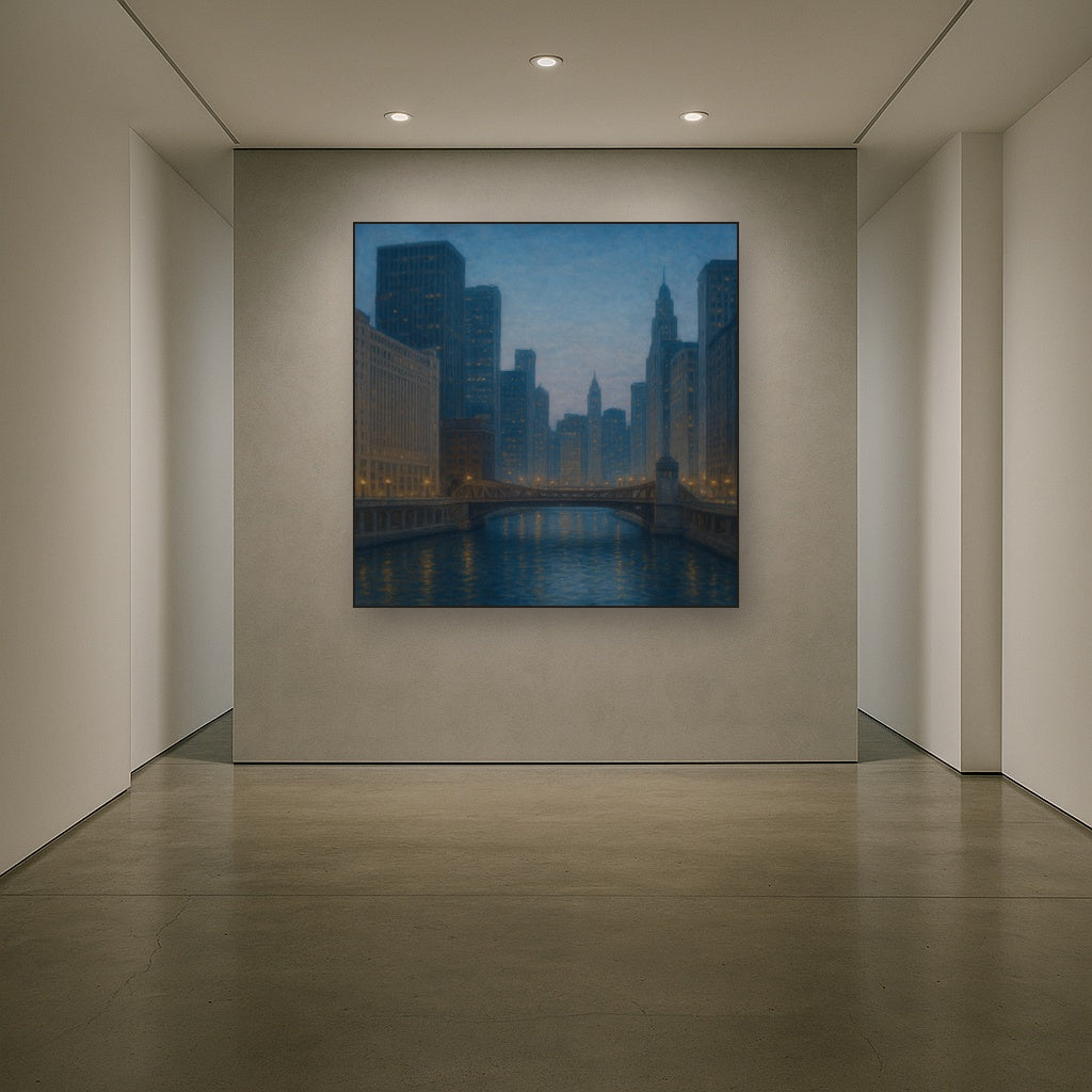 Chicago Riverfront Architecture at Blue Hour No. 23 Oil Painting - View 5