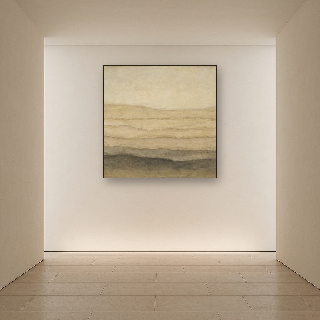 Raw Limestone Horizon & Washed Linen Oil Painting Staged in Bright Entryway and Hallway Gallery Wall, Hand Painted Fine Art on Linen