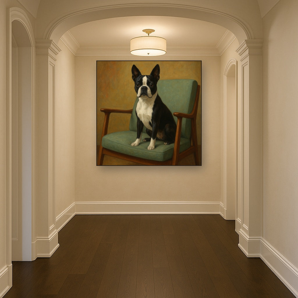 Boston Terrier in Warm Mid-Century Armchair No. 8 Fine Art Oil Painting - View 5