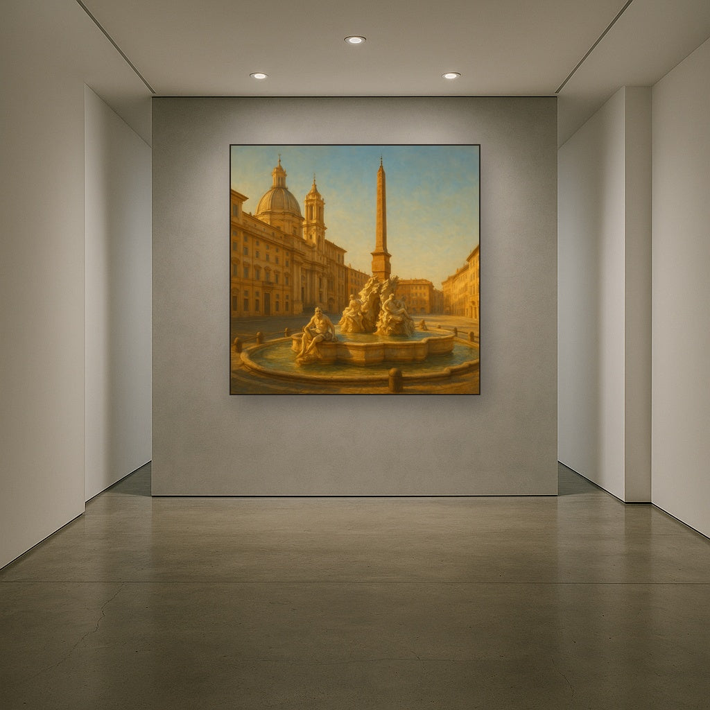 Rome Piazza Fountain in Morning Sunlight No. 21 Oil Painting Staged in Bright Entryway and Hallway Gallery Wall, Hand Painted Fine Art on Linen