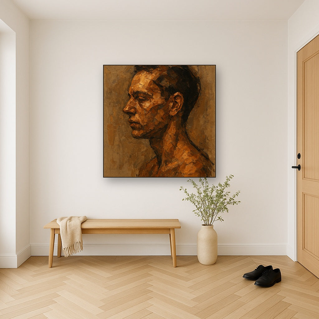 Abstracted Modern Portrait Figurative Oil Painting - Styled in Entryway Hallway