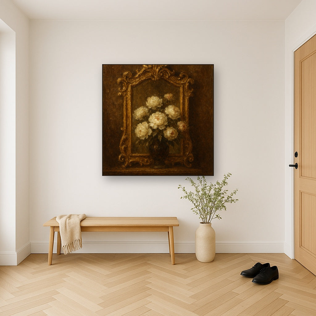 Baroque Gilded Mirror & Peonies No. 5 Oil Painting - Styled in Entryway Hallway