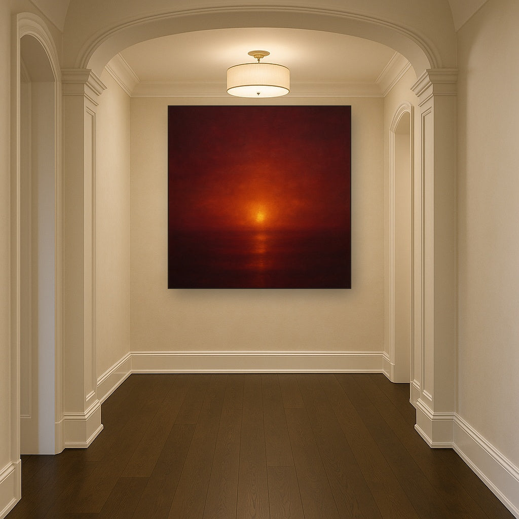 Deep Garnet & Amber Candlelight Horizon Oil Painting Staged in Bright Entryway and Hallway Gallery Wall, Hand Painted Fine Art on Linen