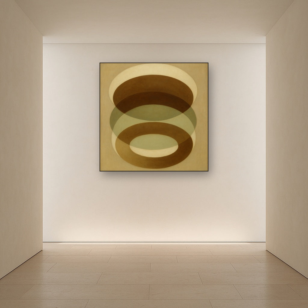 Floating Ellipse Harmony in Walnut & Pale Sage No. 13 Oil Painting Staged in Bright Entryway and Hallway Gallery Wall, Hand Painted Fine Art on Linen
