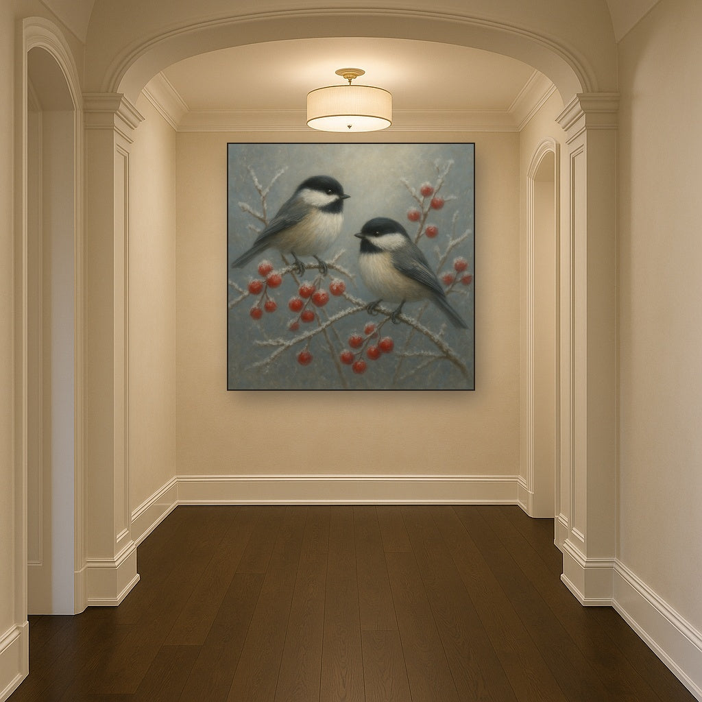 Winter Birds on Frosty Red Berry Branch No. 6 Oil Painting - View 5