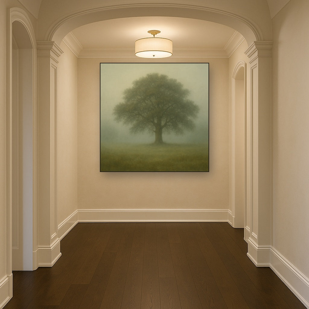 Ancient Solitary Oak in Morning Fog No. 6 Oil Painting - View 5