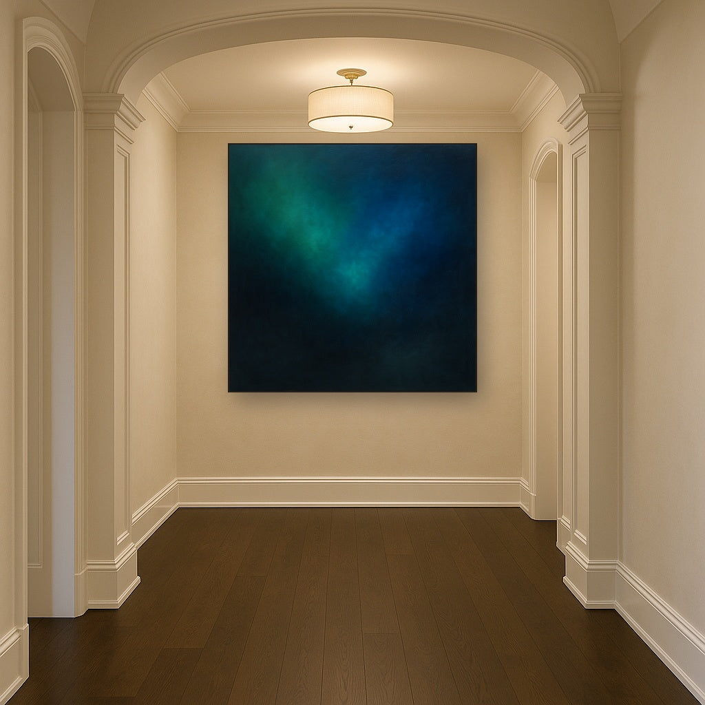 Emerald & Midnight Sapphire Sfumato Immersion No. 15 Oil Painting Staged in Bright Entryway and Hallway Gallery Wall, Hand Painted Fine Art on Linen