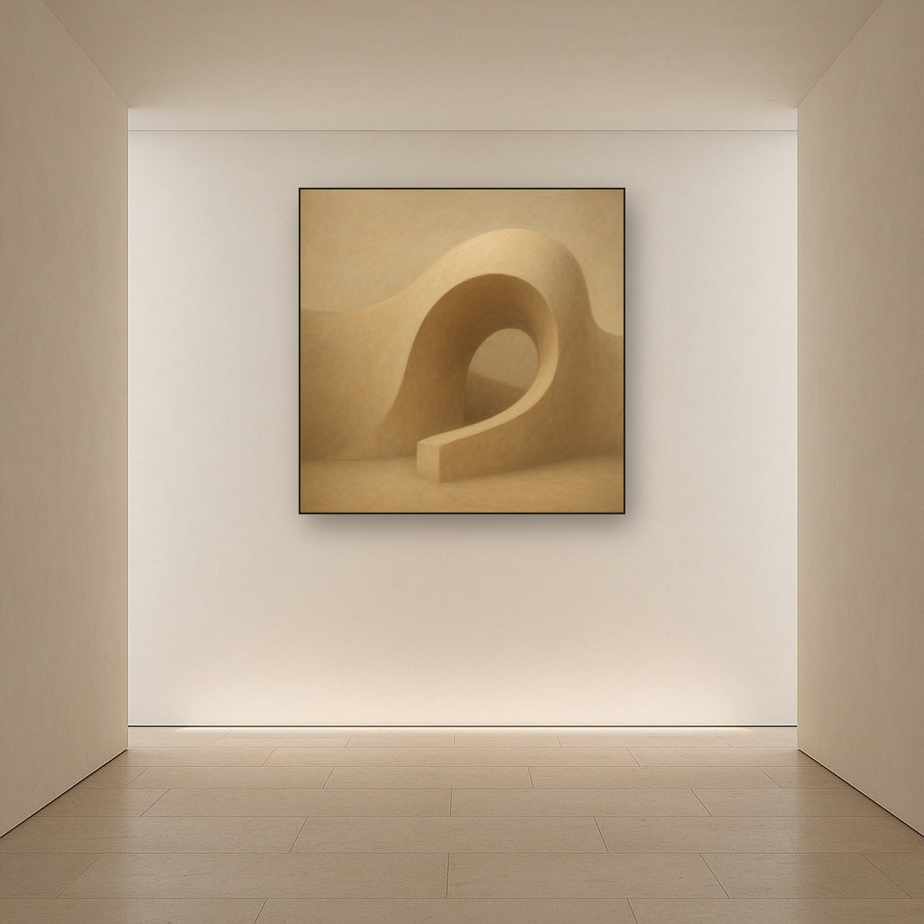 Soft Architectural Curve in Desert Bone No. 6 Oil Painting Staged in Bright Entryway and Hallway Gallery Wall, Hand Painted Fine Art on Linen