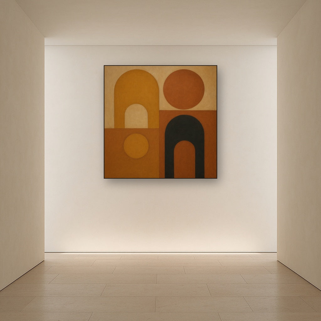 Arch & Circle Equilibrium in Warm Earth Tones No. 8 Oil Painting Staged in Bright Entryway and Hallway Gallery Wall, Hand Painted Fine Art on Linen
