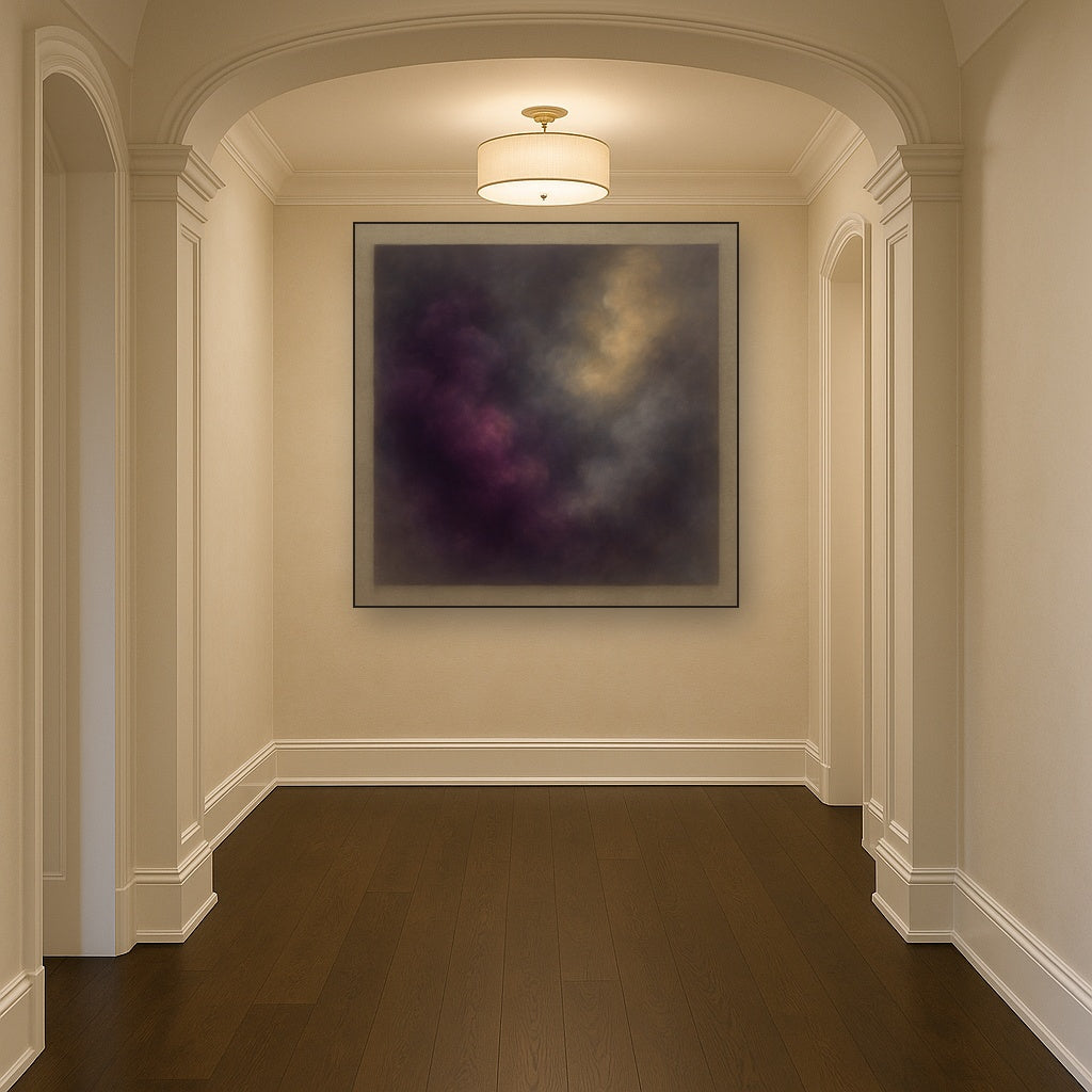 Gilded Plum & Soft Smoke Cloud Harmony No. 9 Oil Painting Staged in Bright Entryway and Hallway Gallery Wall, Hand Painted Fine Art on Linen