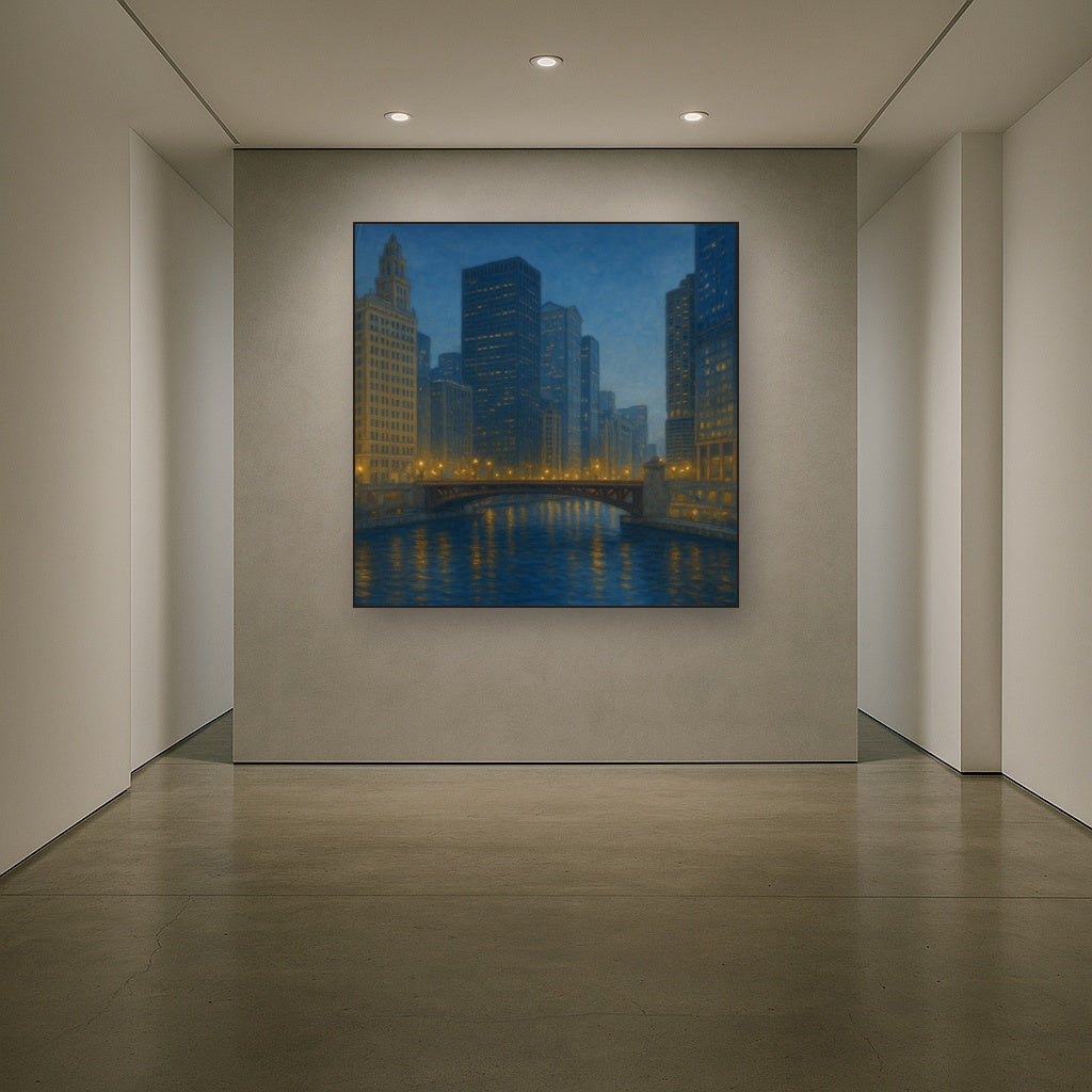 Chicago Riverfront Architecture at Blue Hour No. 7 Oil Painting - View 5
