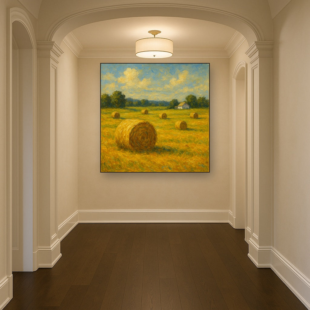 Rolling Meadow Hay Bales Horizon No. 5 Oil Painting - Styled in Entryway Hallway