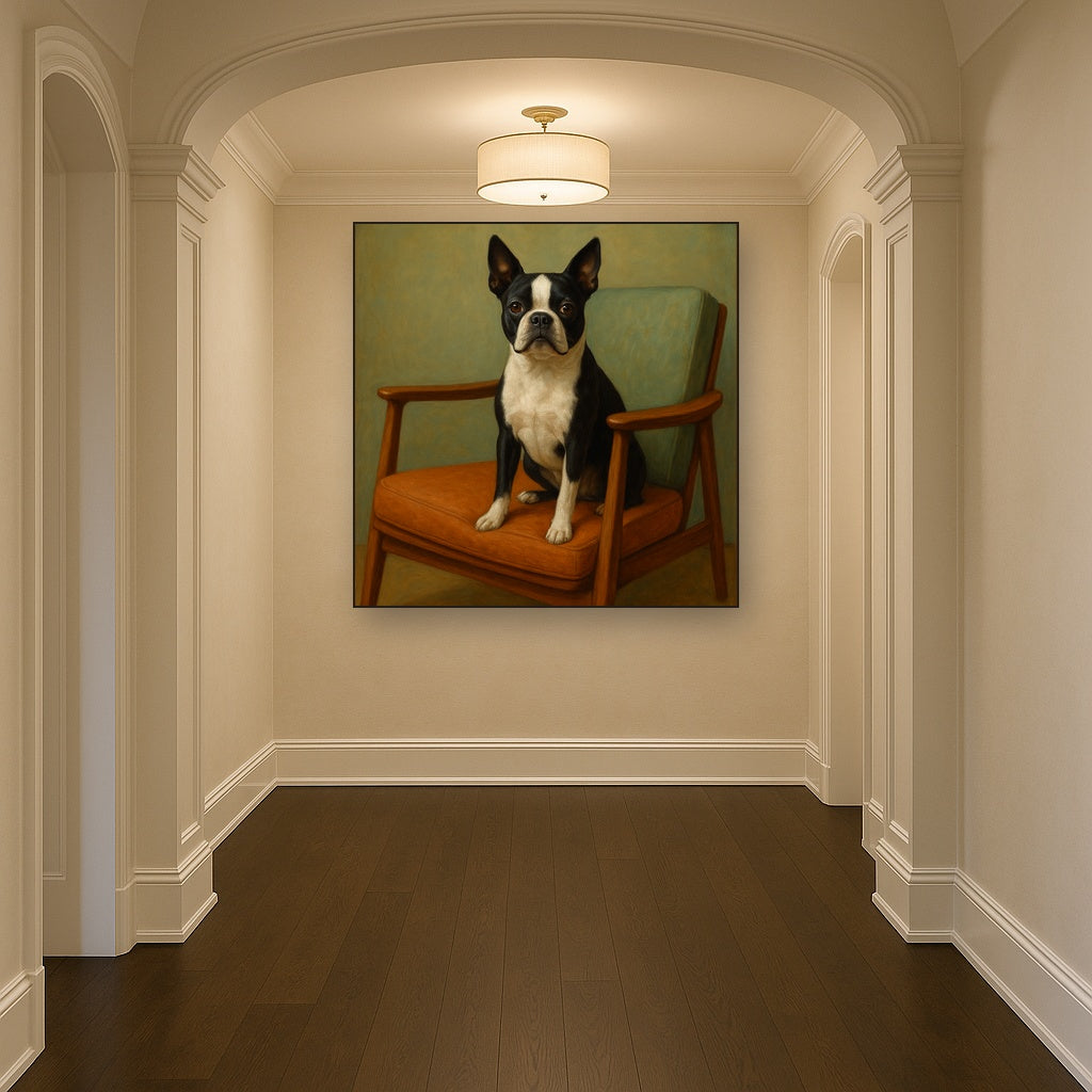 Boston Terrier in Warm Mid-Century Armchair No. 11 Fine Art Oil Painting - View 5