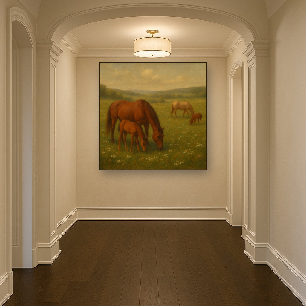 Mares & Foals Grazing in Rolling Meadow No. 4 Oil Painting Staged in Bright Entryway and Hallway Gallery Wall, Hand Painted Fine Art on Linen