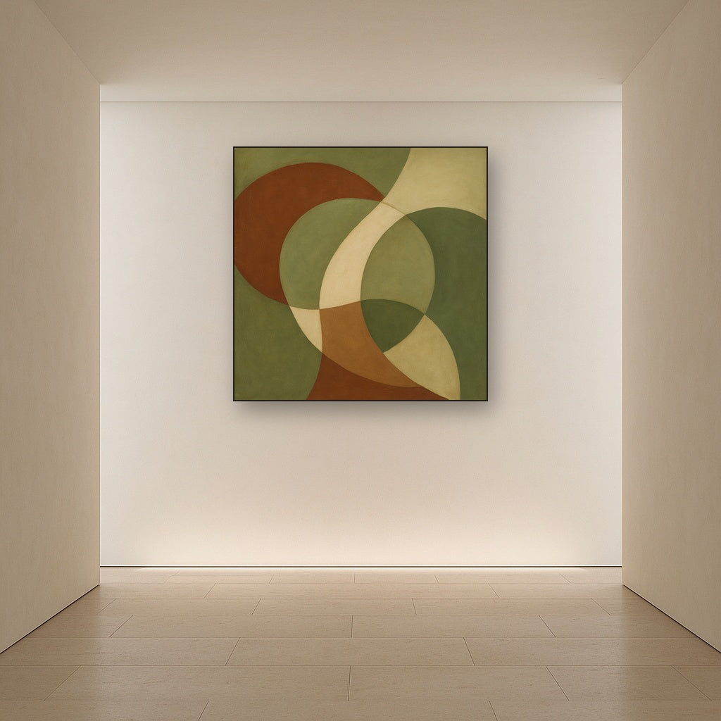 Intersecting Curved Forms in Olive & Rust No. 14 Oil Painting Staged in Bright Entryway and Hallway Gallery Wall, Hand Painted Fine Art on Linen