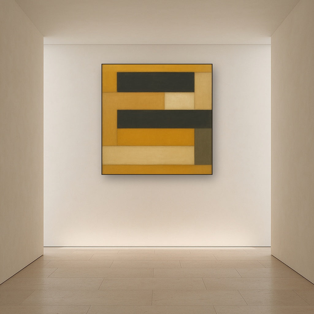 Stacked Horizon Blocks in Mustard & Charcoal No. 23 Oil Painting Staged in Bright Entryway and Hallway Gallery Wall, Hand Painted Fine Art on Linen