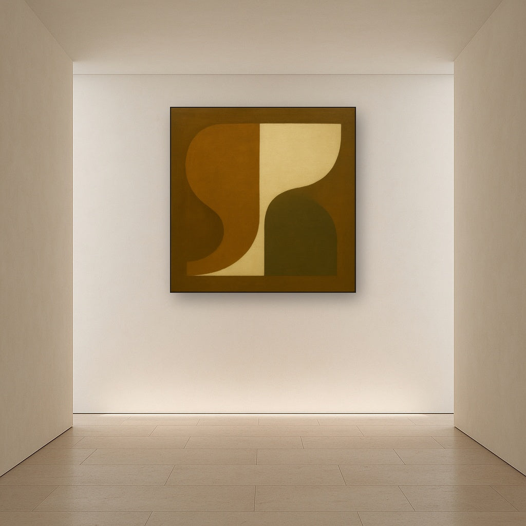 Minimalist Asymmetrical Balance in Raw Umber No. 23 Oil Painting Staged in Bright Entryway and Hallway Gallery Wall, Hand Painted Fine Art on Linen