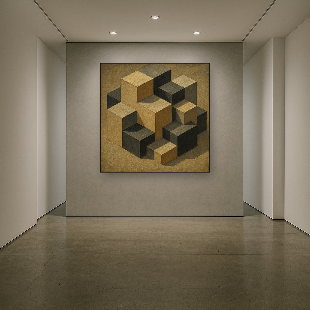 Isometric Modernist Cube Abstraction Oil Painting - Styled in Entryway Hallway