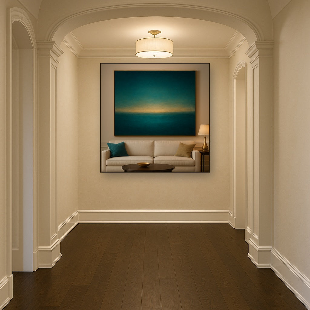 Peacock Teal & Champagne Gold Horizon No. 10 Oil Painting - View 5