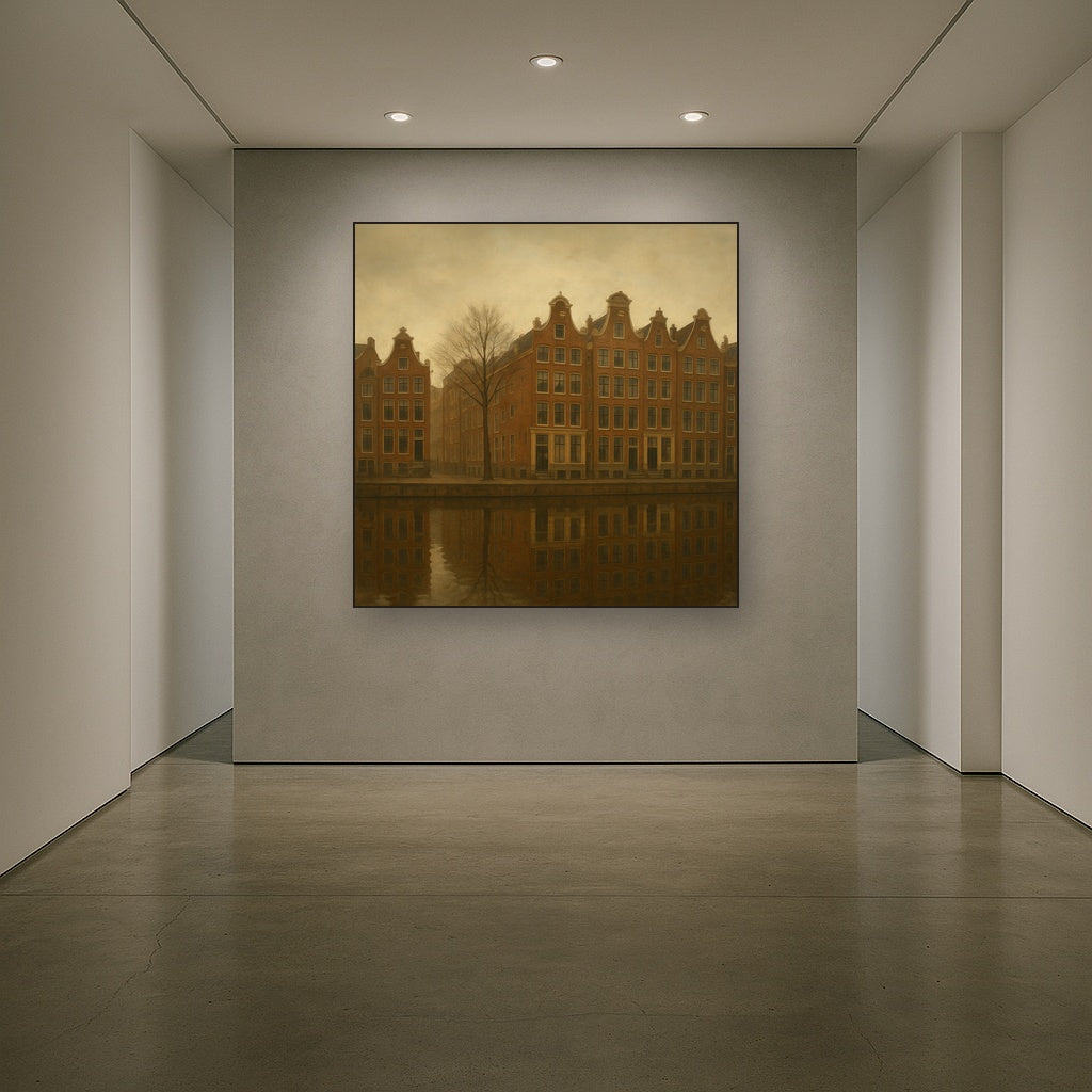 Amsterdam Canal Houses Under Overcast Sky No. 18 Oil Painting Staged in Bright Entryway and Hallway Gallery Wall, Hand Painted Fine Art on Linen