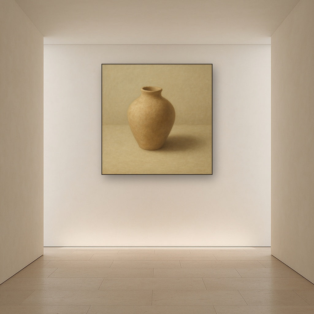 Organic Clay Vessel & Solitary Shadow No. 29 Oil Painting Staged in Bright Entryway and Hallway Gallery Wall, Hand Painted Fine Art on Linen