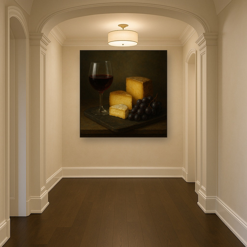 Burgundy Wine Glass & Aged Cheese Board No. 7 Oil Painting Staged in Bright Entryway and Hallway Gallery Wall, Hand Painted Fine Art on Linen