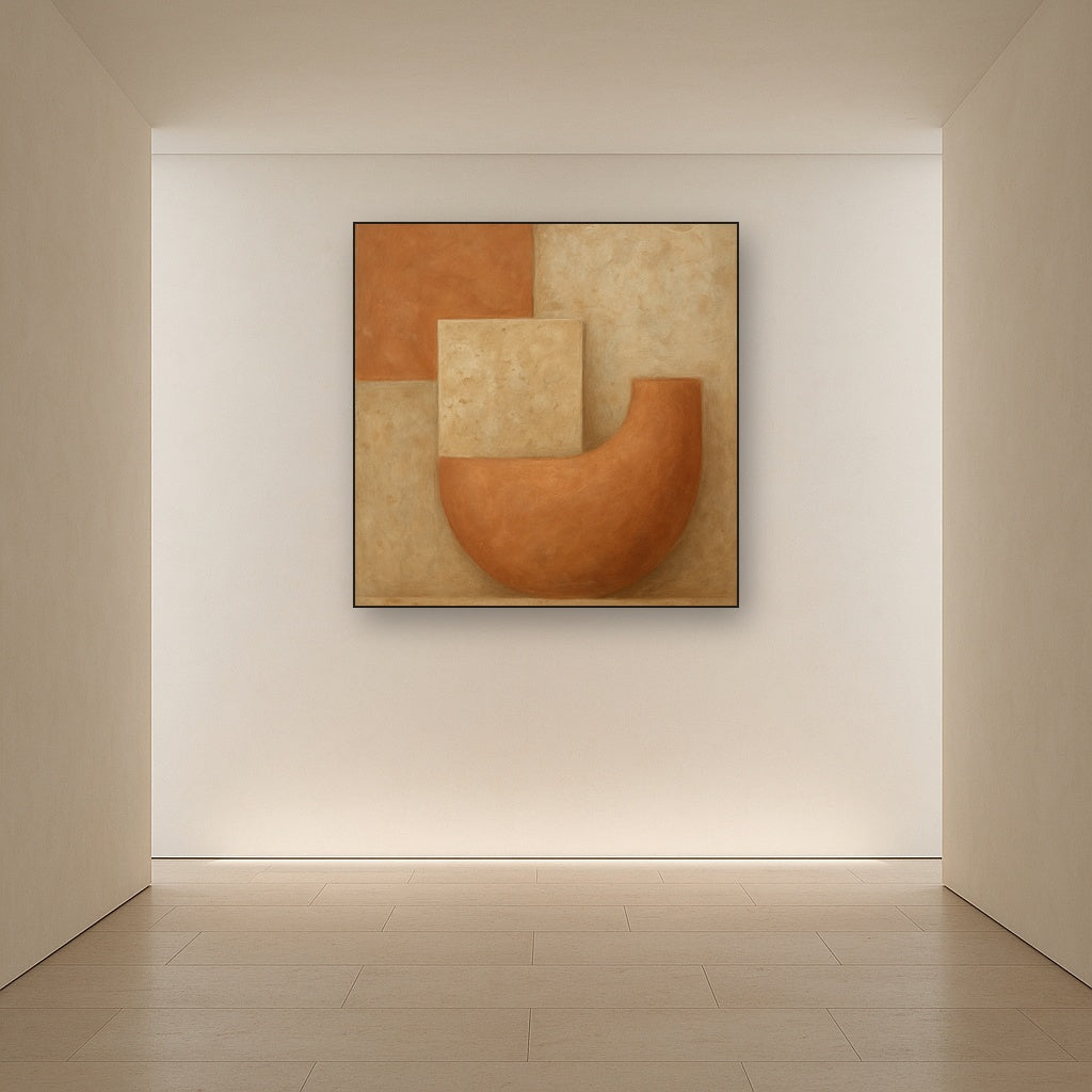 Earthy Terracotta & Weathered Plaster Wash No. 19 Oil Painting Staged in Bright Entryway and Hallway Gallery Wall, Hand Painted Fine Art on Linen