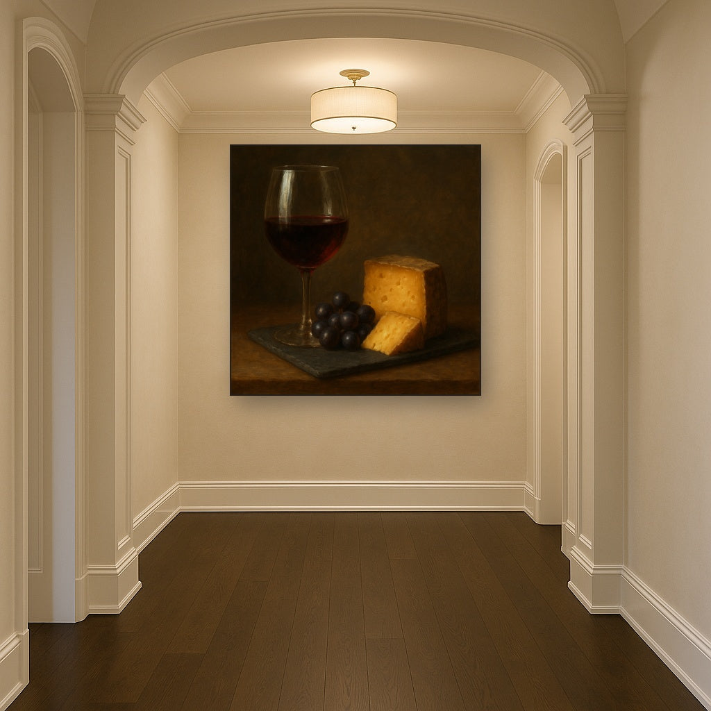 Burgundy Wine Glass & Aged Cheese Board No. 2 Oil Painting - View 5