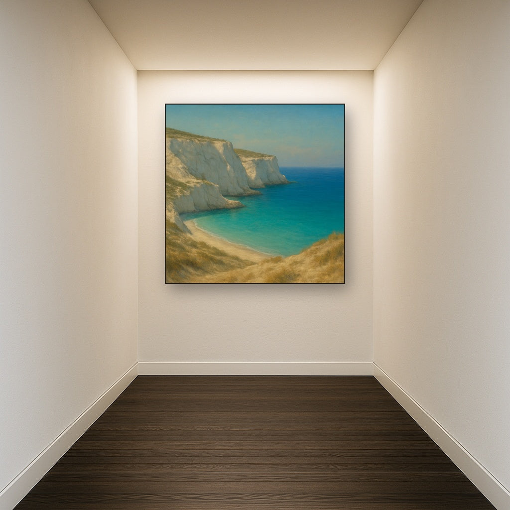 Mediterranean White Cliffs & Turquoise Cove No. 16 Oil Painting Staged in Bright Entryway and Hallway Gallery Wall, Hand Painted Fine Art on Linen
