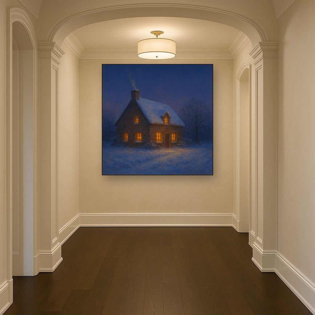 Snow-Dusted Stone Cottage at Twilight No. 2 Oil Painting - View 5