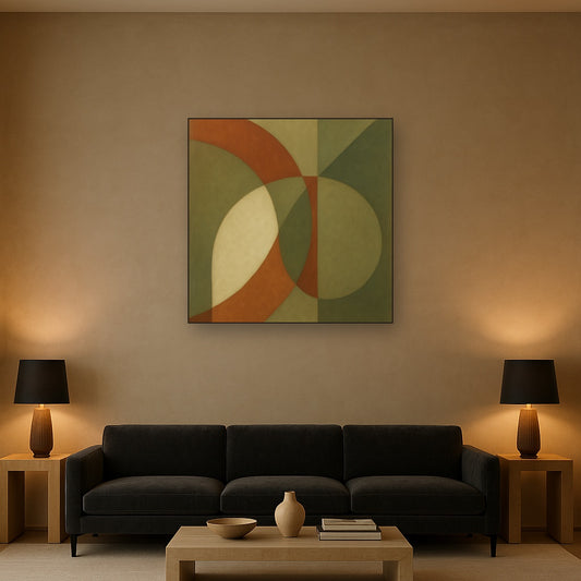 Intersecting Curved Forms in Olive & Rust No. 17 Oil Painting Staged Above Sectional Sofa in Living Room, Hand Painted Canvas Wall Art for Home Decor